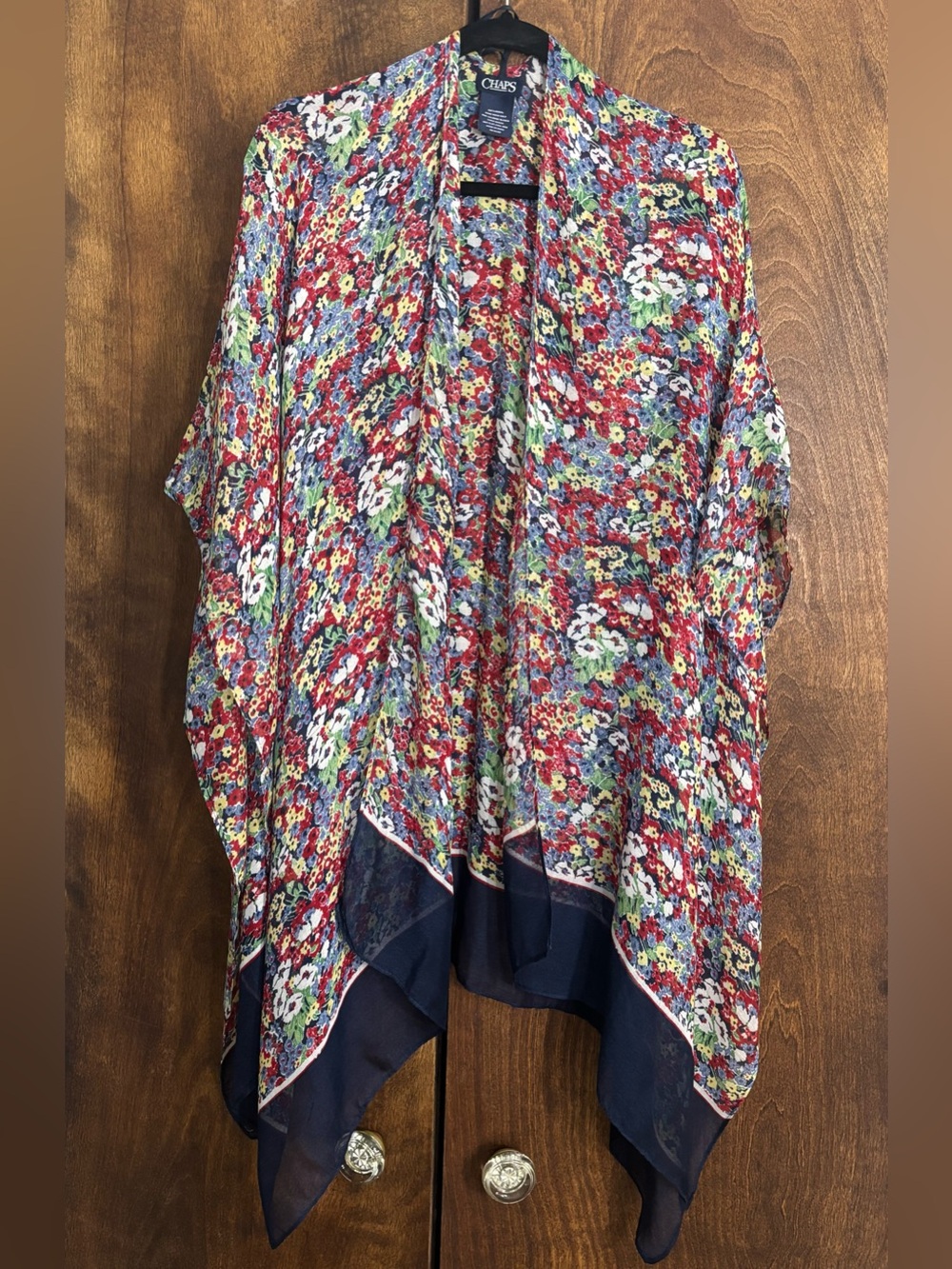 Chaps Red Floral Open-Front Kimono with Navy Trim